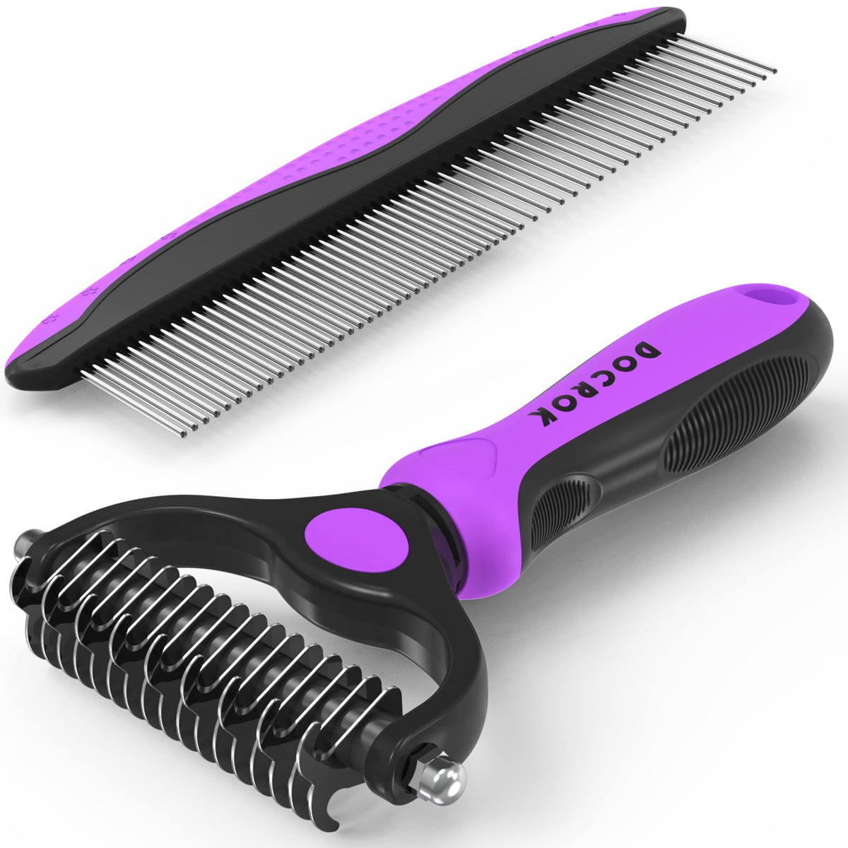 Docrok Pet Grooming Brush and Metal Comb Combo for Dogs & Cats, Pink