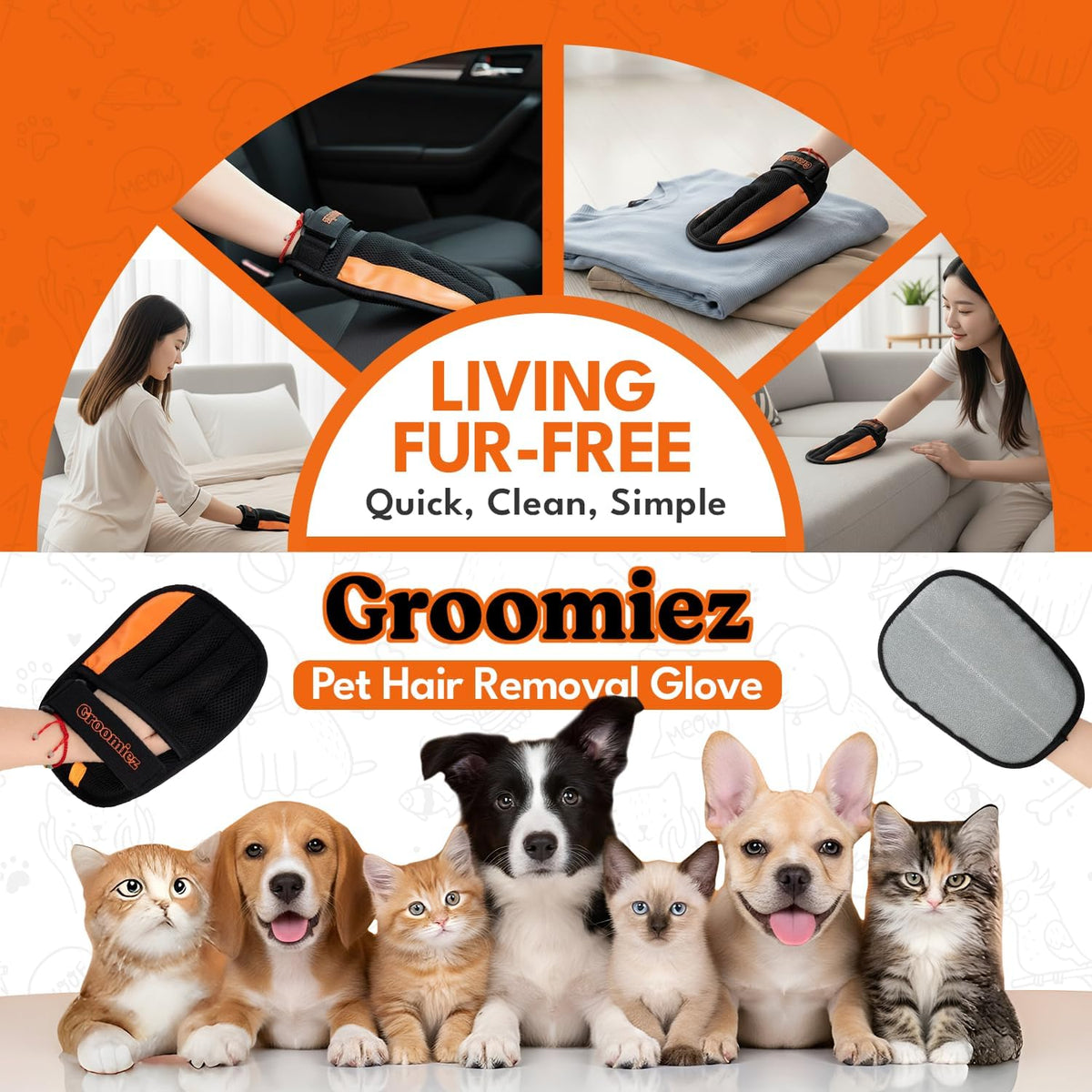 2 PCS Pet Hair Removal Gloves Set with Storage Bag – Electrostatic Dog & Cat Fur Remover Mitt for Furniture, Couch, Clothes & Car – Reusable & Washable Hair Cleaning Gloves