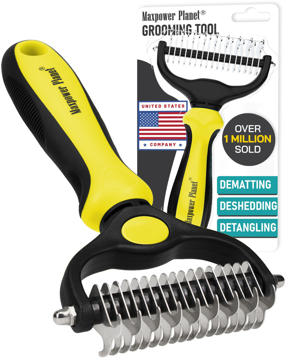 Maxpower Planet Pet Grooming Brush - Double-Sided Undercoat Rake for Dogs and Cats, Extra Wide, Reduces Shedding by 95%, White