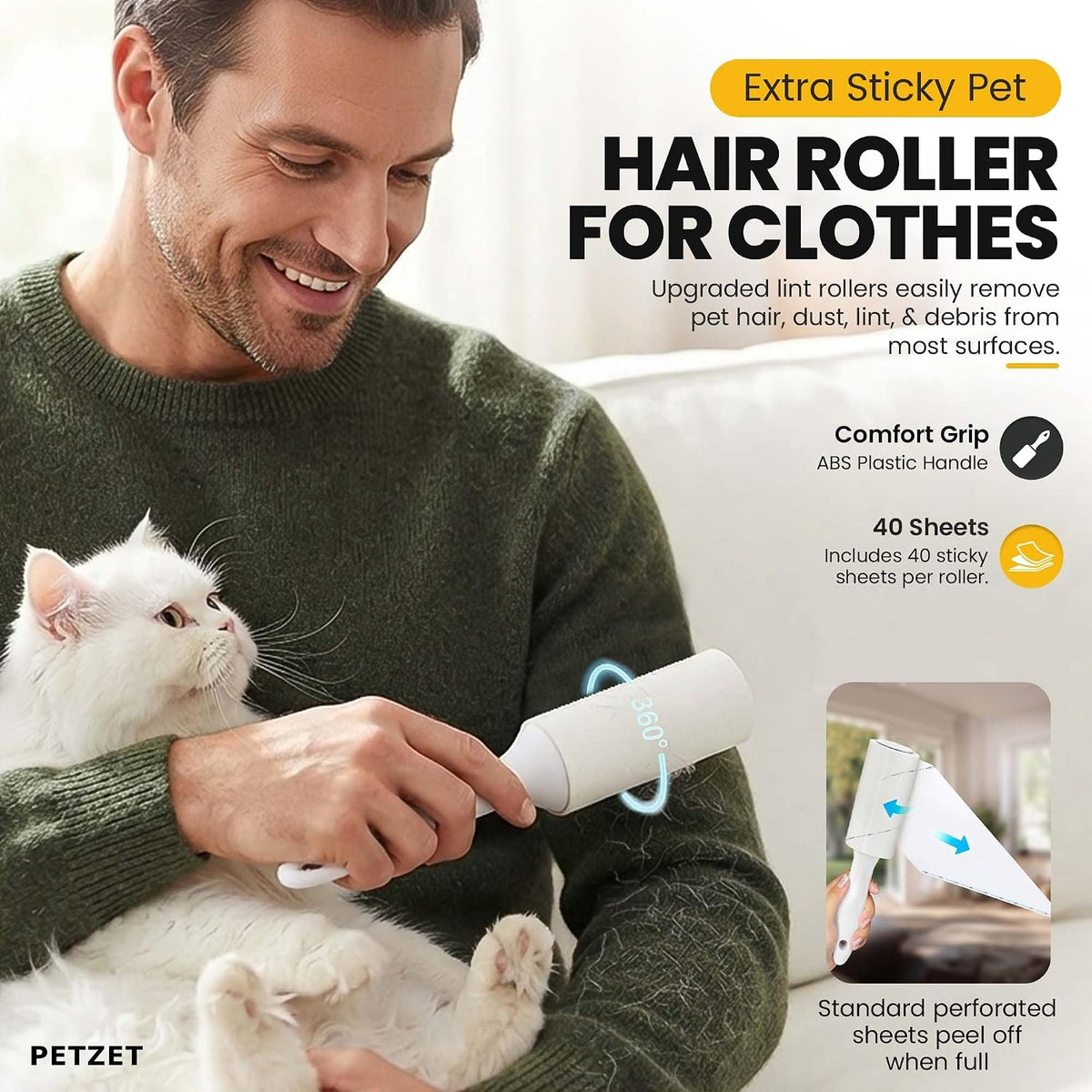 2 Pack Pet Hair Removal Glove with Pet Hair Roller 40 Sheets, Reusable Electrostatic Pet Hair Remover Glove for Dog and Cat, Hair Removal Gloves for Furniture, Sofa, Carpet & Car Seats, Pet Hair Mitt