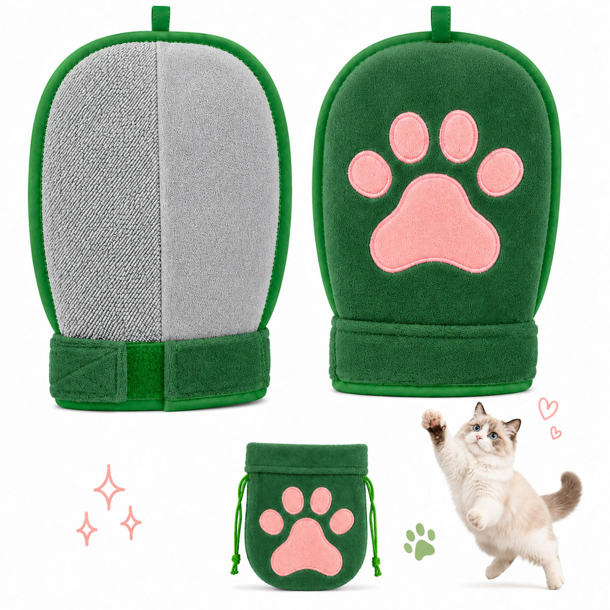 Paw Shape Pet Hair Remover Glove & Fur Storage Bag Set for Cats and Dogs (Beige), Washable Pet Hair Removr, Soft Lint Cleaning Glove for Sofa Carpet Bed Clothes