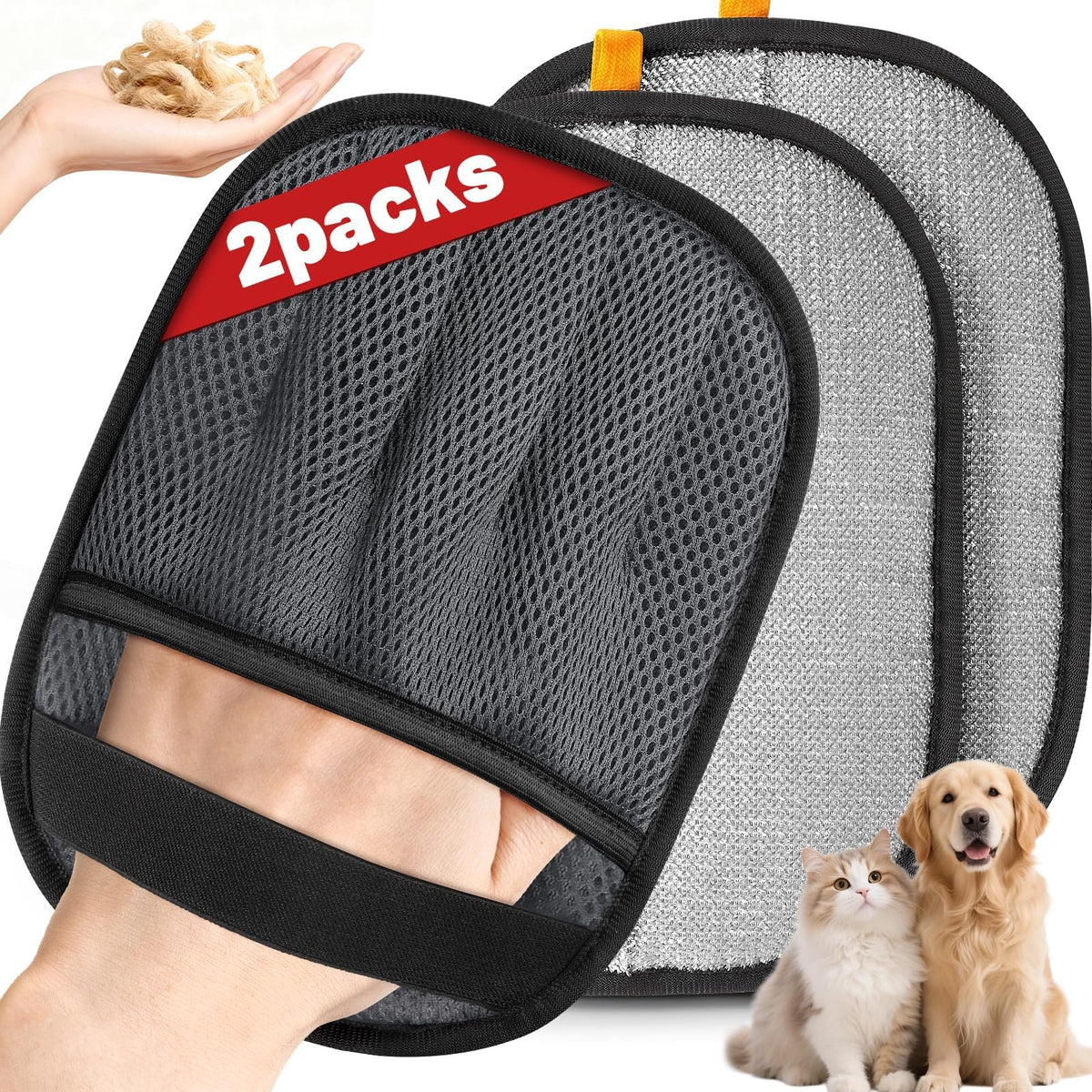 Pet Hair Removal Glove for Dogs & Cats, 2 Packs Five-Finger Grip, Black