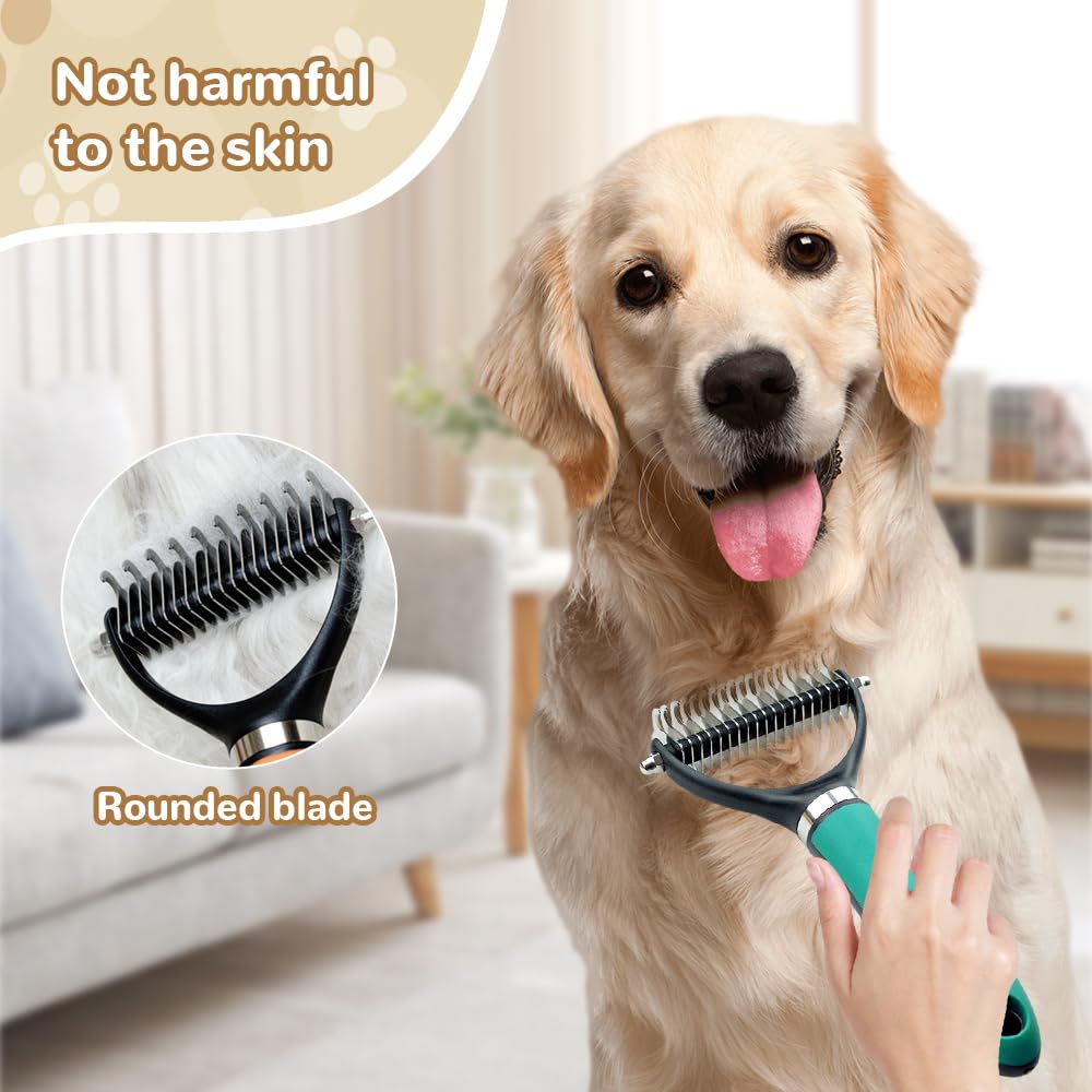 Pet Grooming Brush, 2026 New Multifunctional Double-Sided Undercoat Rake for dogs, Durable Dematting Tool for long haired cats, Easy Grip Fur Remover Comb for home use (Green)
