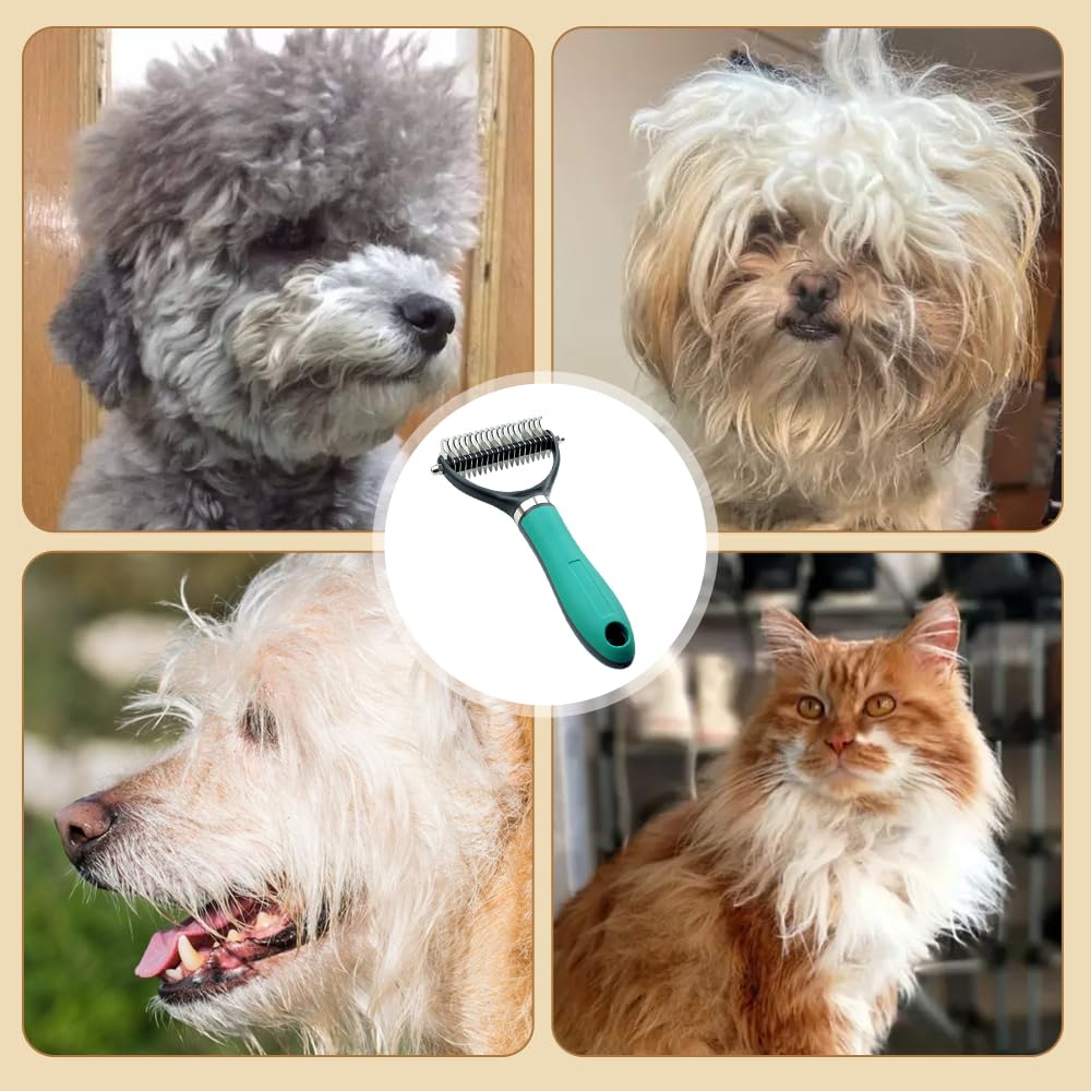 Pet Grooming Brush, 2026 New Multifunctional Double-Sided Undercoat Rake for dogs, Durable Dematting Tool for long haired cats, Easy Grip Fur Remover Comb for home use (Green)