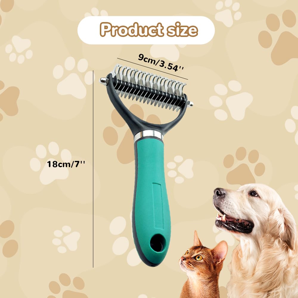 Pet Grooming Brush, 2026 New Multifunctional Double-Sided Undercoat Rake for dogs, Durable Dematting Tool for long haired cats, Easy Grip Fur Remover Comb for home use (Green)
