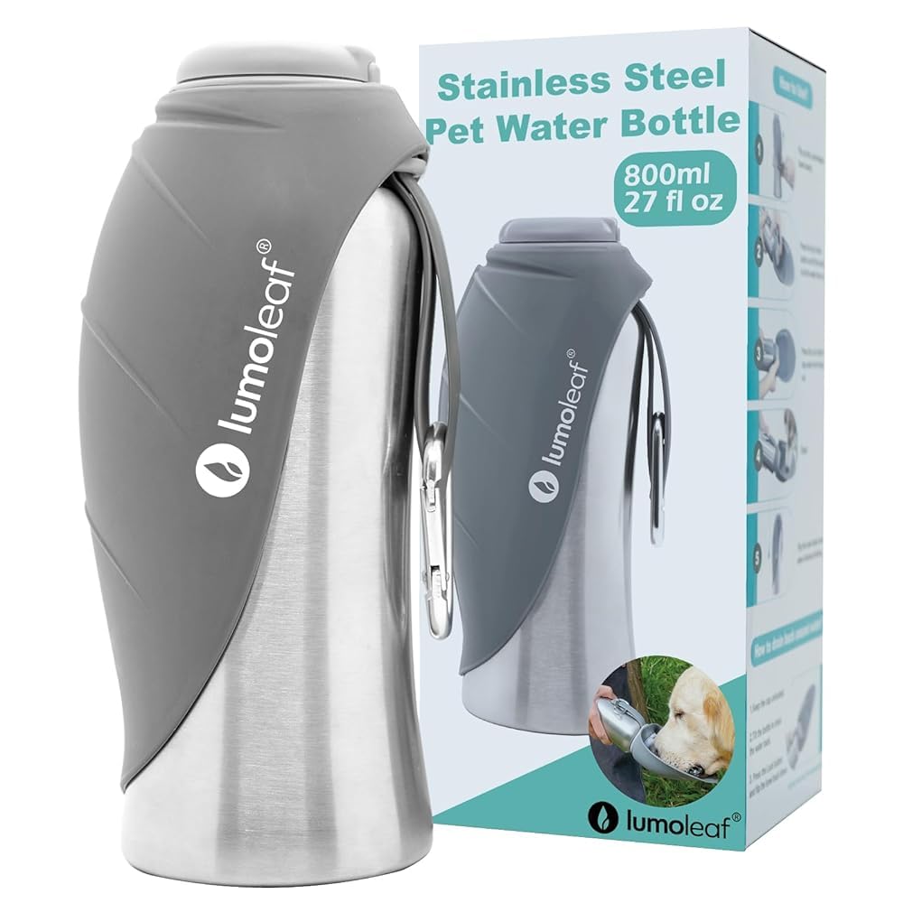 LumoLeaf Portable Dog Water Bottle 27 OZ, Stainless Steel Pet Travel Water Bottle Dispenser for Walking, Hiking and Outdoor, Portable Water Bowl for Large Dogs (Grey)