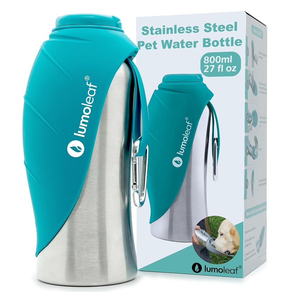 LumoLeaf Portable Dog Water Bottle 27 OZ, Stainless Steel Pet Travel Water Bottle Dispenser for Walking, Hiking and Outdoor, Portable Water Bowl for Large Dogs (Grey)