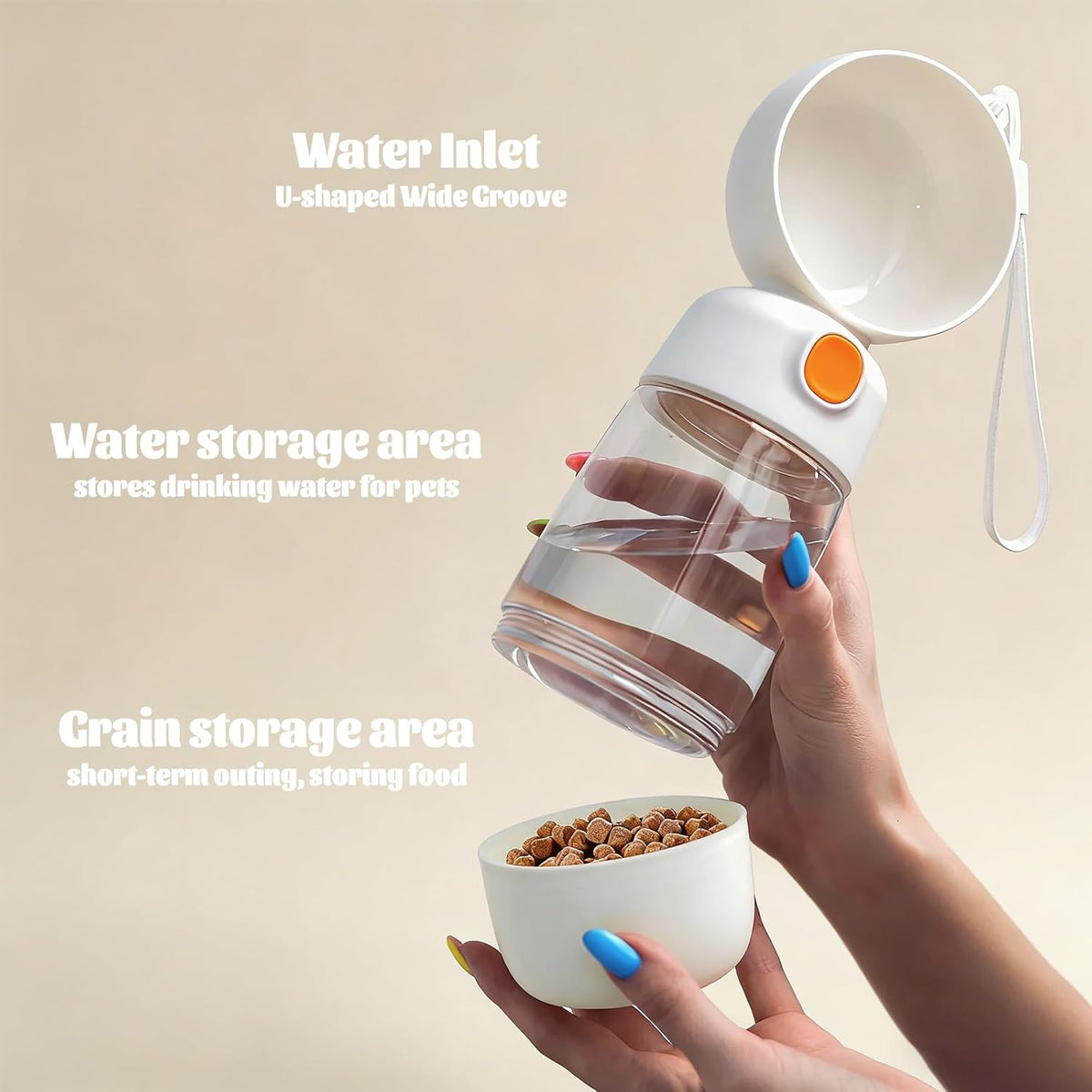 Portable Dog Water Bottle with Food Container 2 in 1(13.5oz White)
