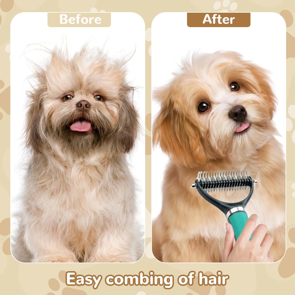 Pet Grooming Brush, 2026 New Multifunctional Double-Sided Undercoat Rake for dogs, Durable Dematting Tool for long haired cats, Easy Grip Fur Remover Comb for home use (Green)