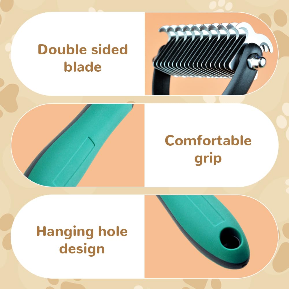 Pet Grooming Brush, 2026 New Multifunctional Double-Sided Undercoat Rake for dogs, Durable Dematting Tool for long haired cats, Easy Grip Fur Remover Comb for home use (Green)