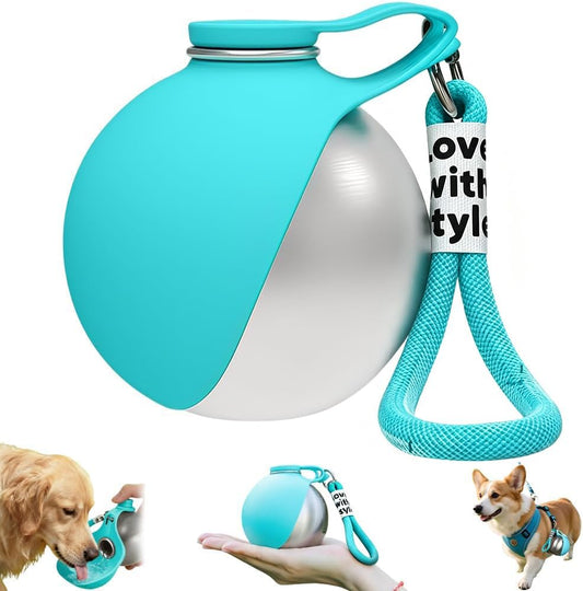 2 in 1 Portable Dog Water Bottle, 285ml Foldable Dog Travel Water Bottle with Silicone Bowl, Leak Proof Pet Water Bottle for Travel, Walks, Hikes, Park Visits, Tainless Steel (Blue)