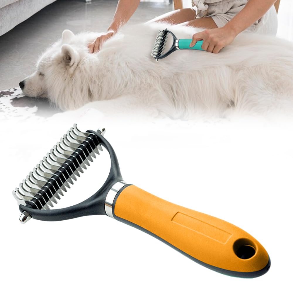 Pet Grooming Brush, 2026 New Multifunctional Double-Sided Undercoat Rake for dogs, Durable Dematting Tool for long haired cats, Easy Grip Fur Remover Comb for home use (Green)