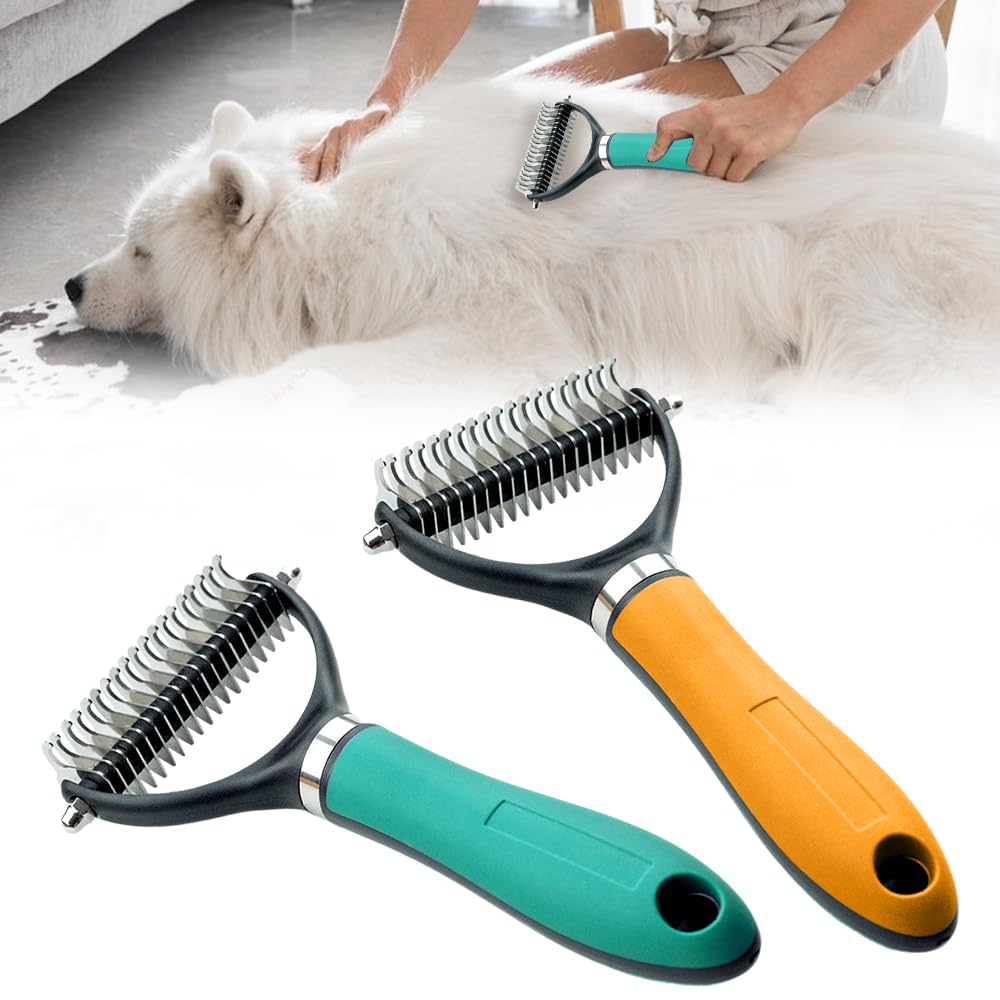 Pet Grooming Brush, 2026 New Multifunctional Double-Sided Undercoat Rake for dogs, Durable Dematting Tool for long haired cats, Easy Grip Fur Remover Comb for home use (Green)