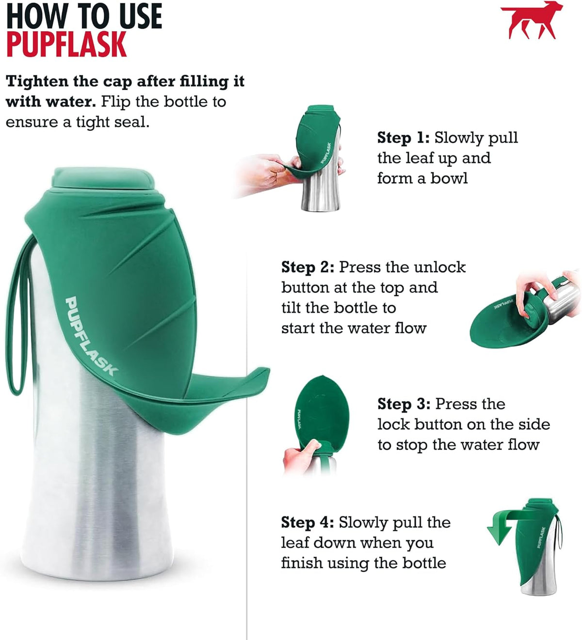 PupFlask Large Dog Water Bottle, Portable Stainless Steel Travel Bowl