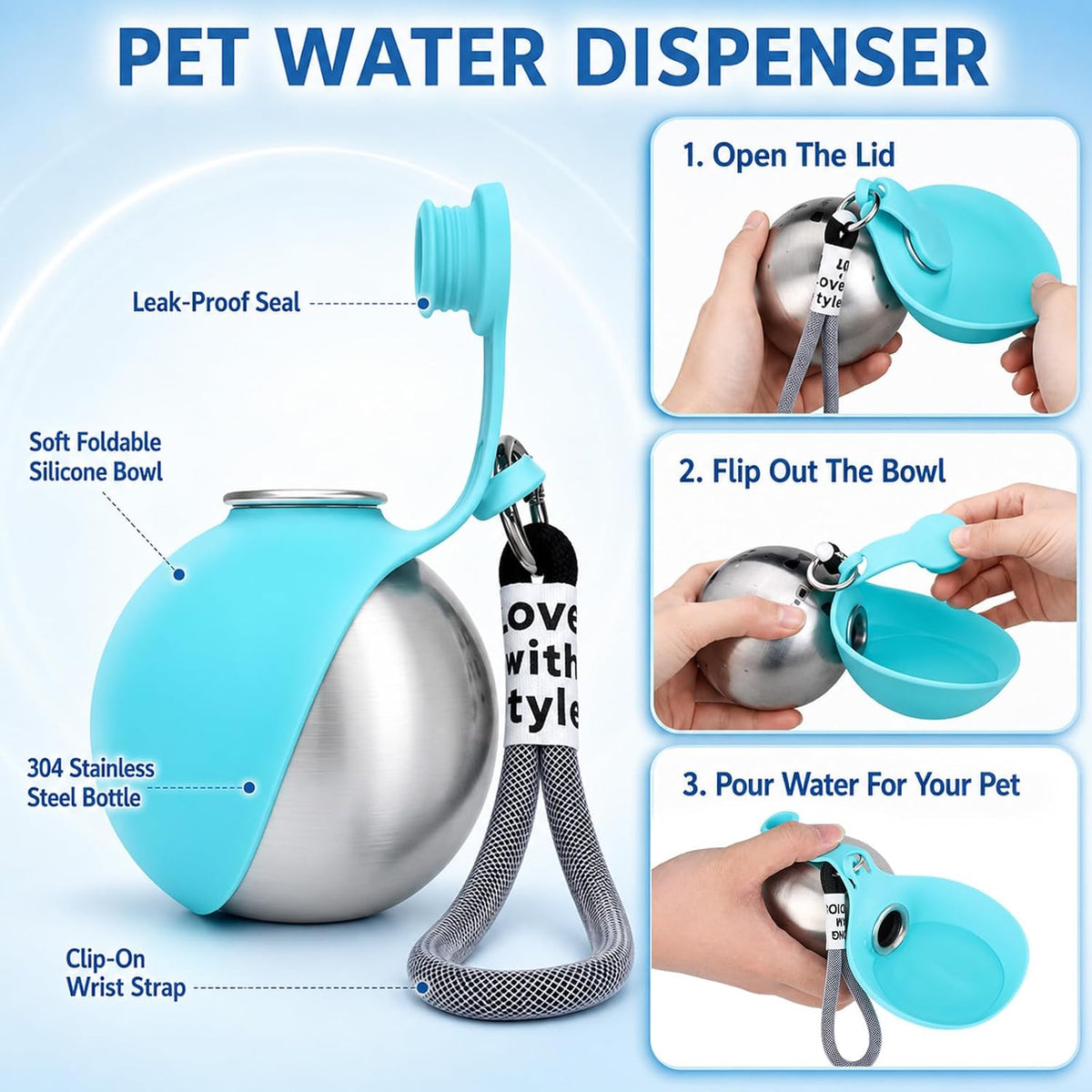 2 in 1 Portable Dog Water Bottle for Dogs,10oz Stainless Steel Portable Dog Water Bottle with Foldable Silicone Bowl, Leak-Proof 2 in 1 Portable Tumbler for Small Dog & Puppy Walking Hiking Outdoor