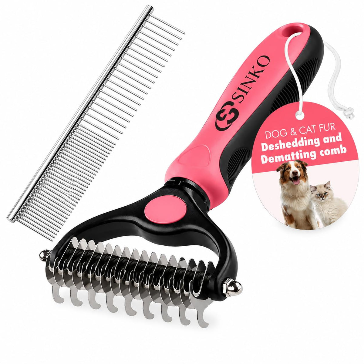 Sinko Shedding Brush For Dog and Cat, Undercoat Rake with Extra Wide Double-Sided Stainless Teeth for Detangling, Deshedding, Brushing & Removing Shed Fur, Knots, Mats, and Tangles in Pets (Blue)