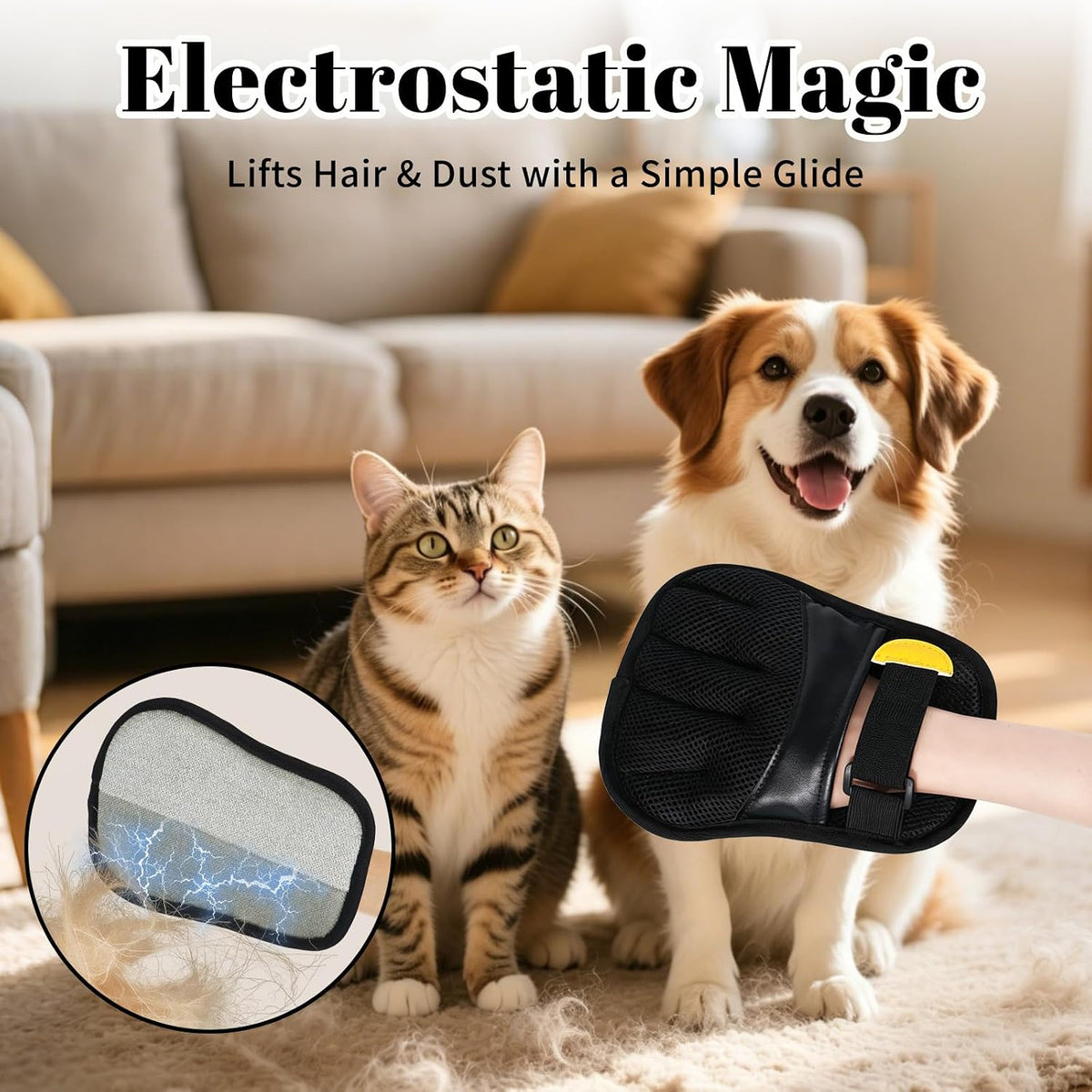 Pet Hair Removal Gloves, Black, Adjustable Strap, Static Hair Remover for Clothing, Sofa, Car Seat, Reusable