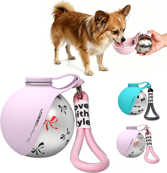 2-in-1 Portable Dog Water Bottle for Small Dogs - Leak-Proof & Compact Dog Travel Water Bottle -Stainless Steel Bottle & Silicone Bowl - Ideal for Walking, Hiking & Travels (10 fl oz, Pink)