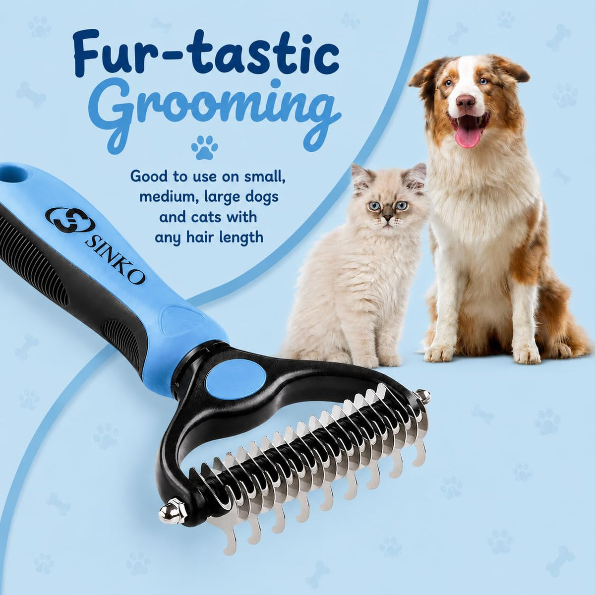 Sinko Shedding Brush For Dog and Cat, Undercoat Rake with Extra Wide Double-Sided Stainless Teeth for Detangling, Deshedding, Brushing & Removing Shed Fur, Knots, Mats, and Tangles in Pets (Blue)