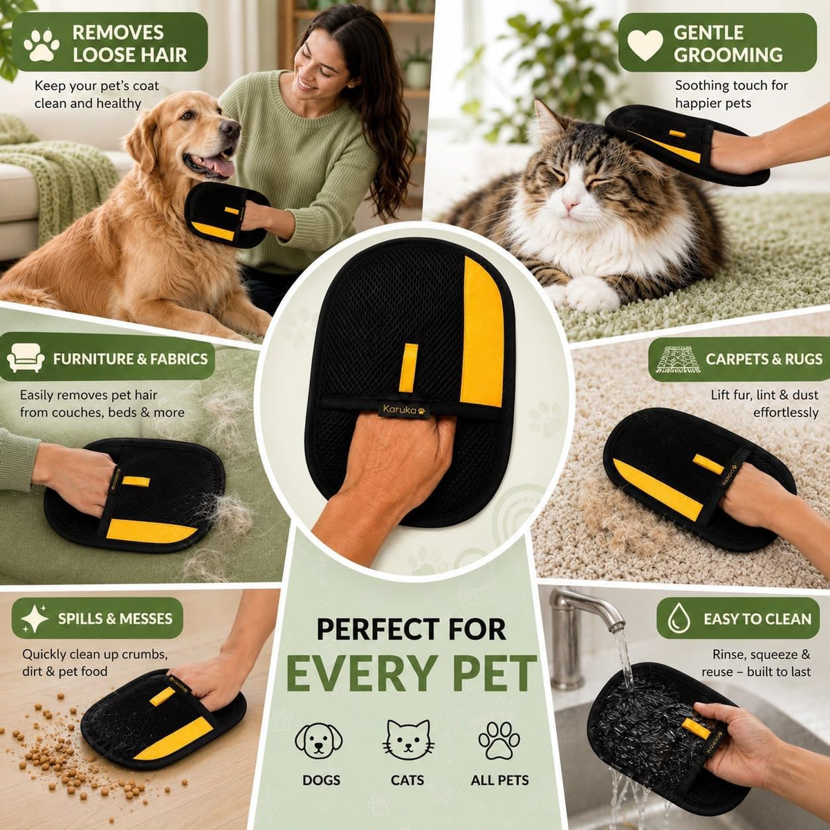 Karuka Pet Hair Removal Glove for Dogs & Cats - Upgraded Reusable Electrostatic Pet Hair Glove, Pet Hair Remover Tool for Laundry, Couch, Carpet & Car Seat, Gentle Grooming Mitt