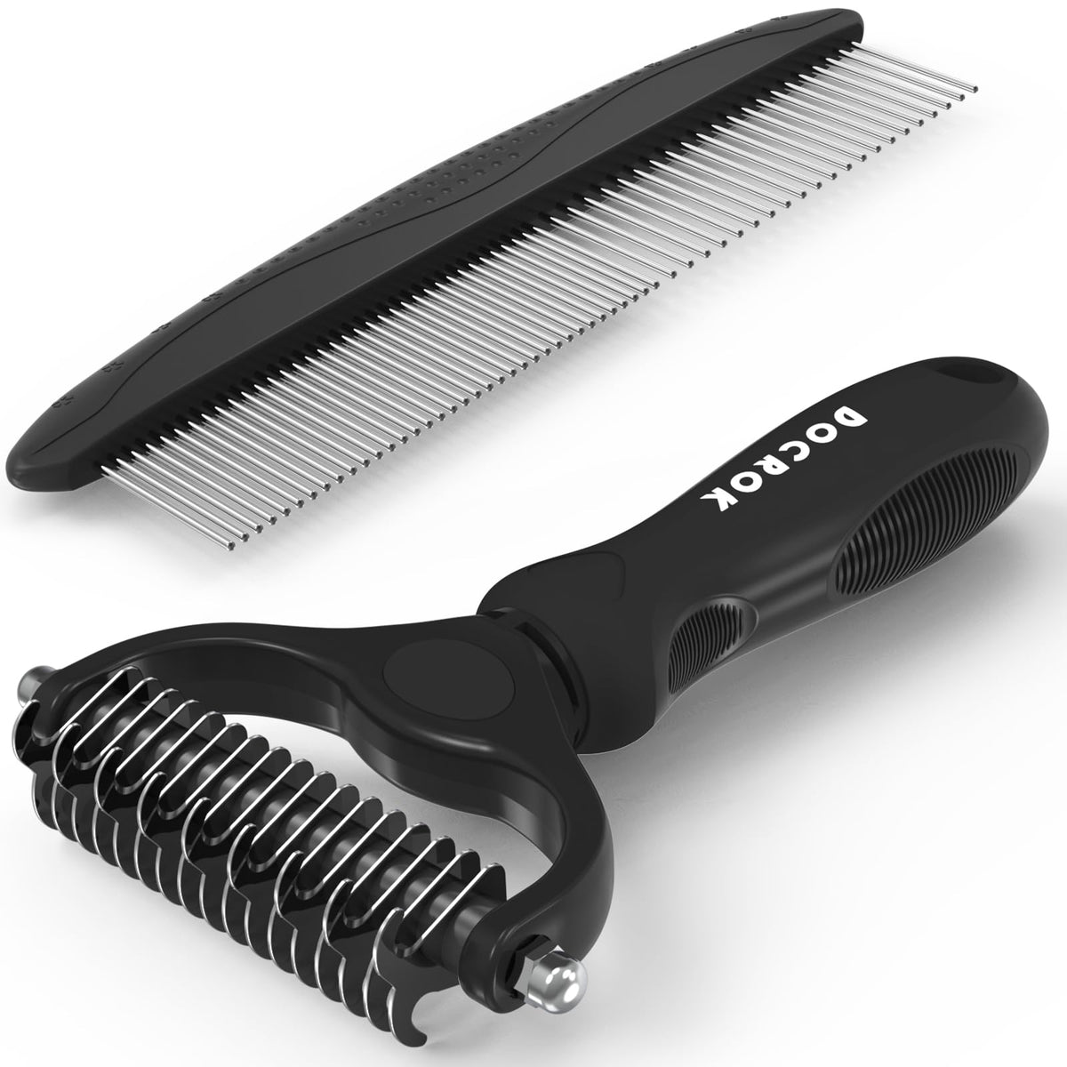 Docrok Pet Grooming Brush and Metal Comb Combo for Dogs & Cats, Gray