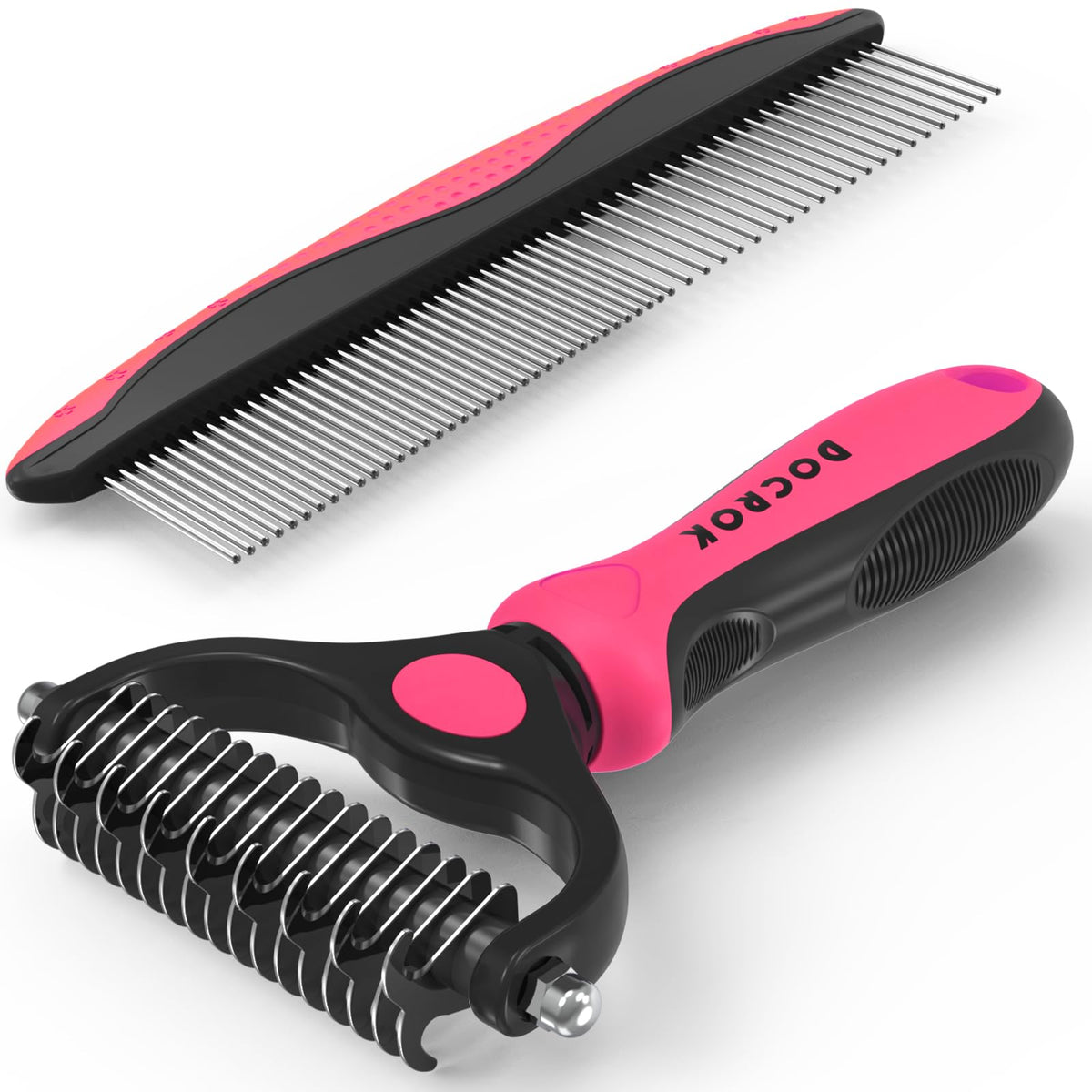 Docrok Pet Grooming Brush and Metal Comb Combo for Dogs & Cats, Green