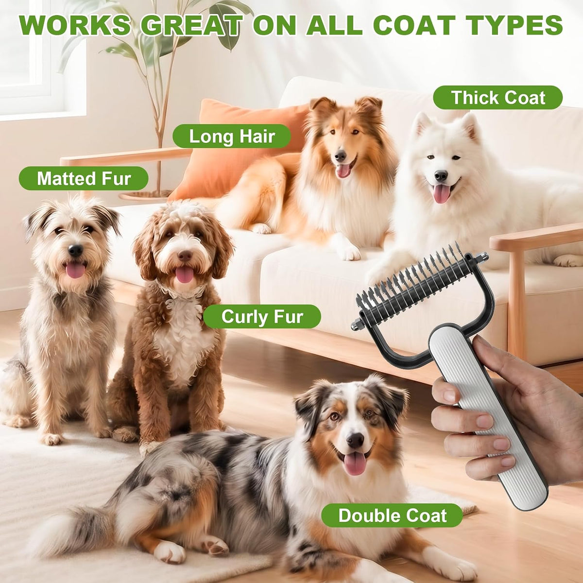 2026 New Double-Sided Dematting Comb for Dogs & Cats, Pet Grooming Tool for Long Haired Thick Double Coat Pets, Undercoat Rake Deshedding Brush for Tangles Matted Shedding Fur, Grey-L-1Pcs