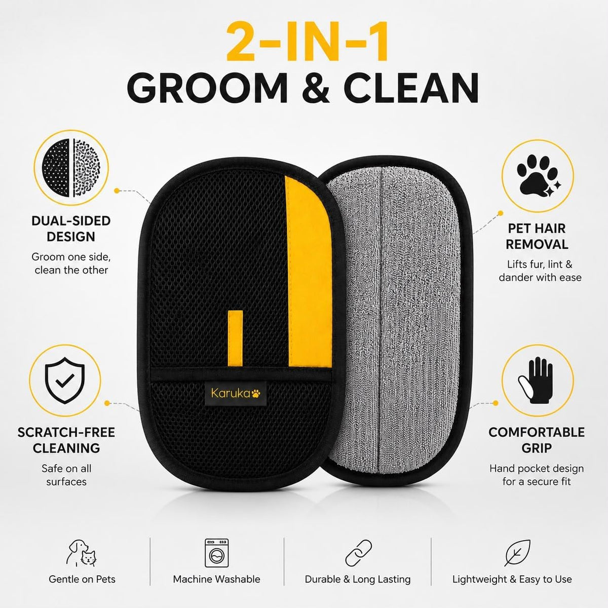 Karuka Pet Hair Removal Glove for Dogs & Cats - Upgraded Reusable Electrostatic Pet Hair Glove, Pet Hair Remover Tool for Laundry, Couch, Carpet & Car Seat, Gentle Grooming Mitt