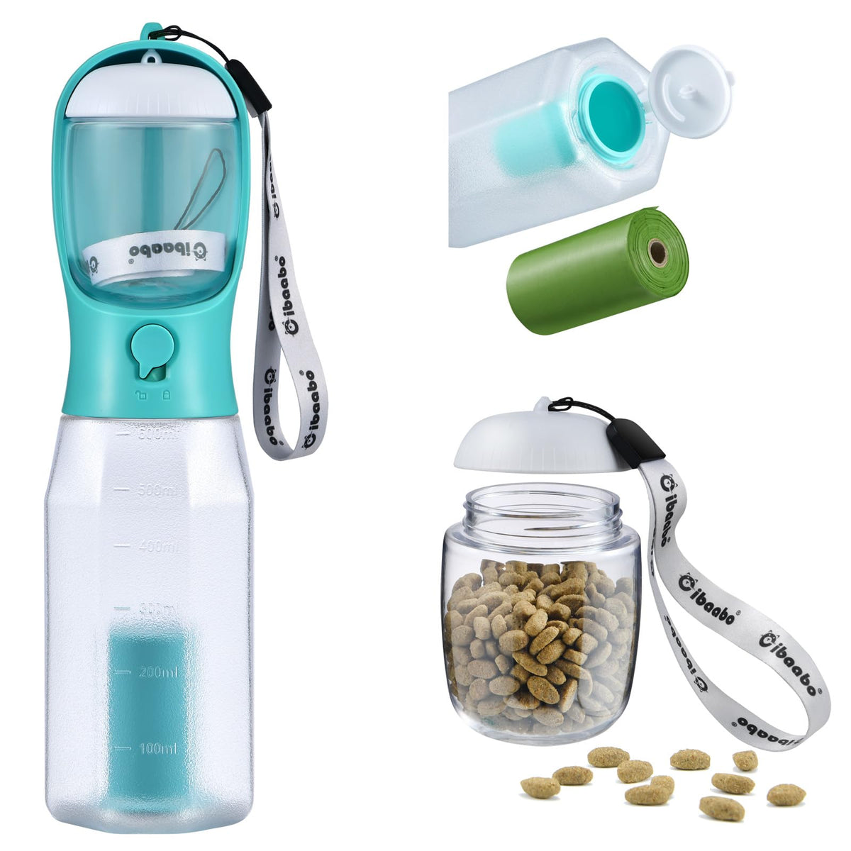 Cibaabo Dog Water Bottle with Food Container & Poop Bag Holder & Filter