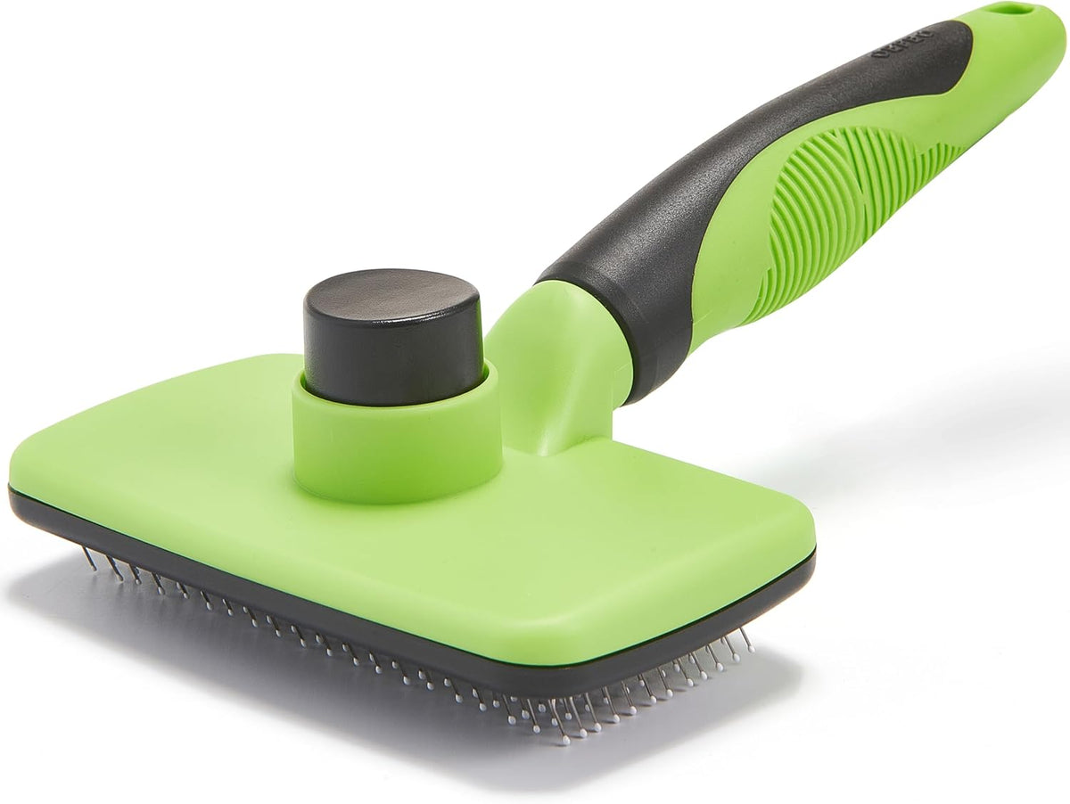 Self-Cleaning Slicker Brush for Dogs and Cats, Pet Grooming Brush for Shedding and Loose Fur, Stainless Steel Bristles, Textured Grip, Green