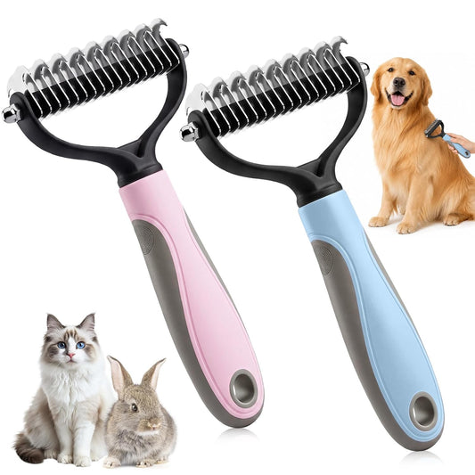 2Pcs Pet Knotter for Dogs/Cats, Double Sided Pet Grooming Brush,Undercoat Rake Pets Brush for Long Hair Professional Deshedding Tool, Pets Hair Remover Shedding(Blue+Pink, Large)