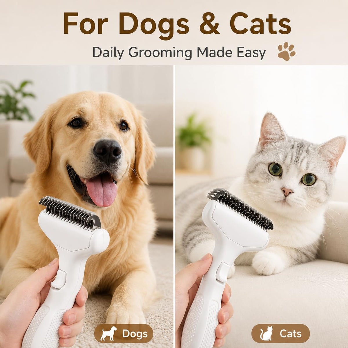 Dog Brush and Cat Brush for Shedding, Self Cleaning Pet Grooming Tool with Stainless Steel Teeth, One-Touch Hair Release Deshedding Comb for Long and Short Hair(white)