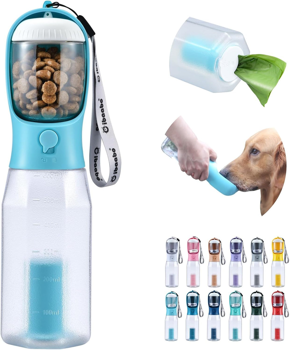 Cibaabo Dog Water Bottle with Food Container & Poop Bag Holder & Filter