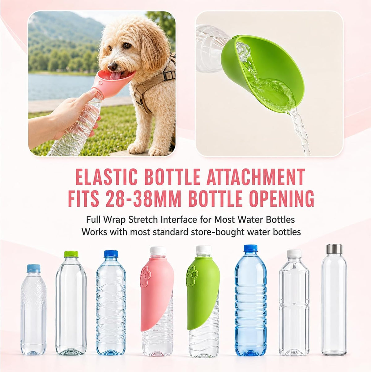 Portable Dog Water Bottle Attachment, Slip-On Pet Water Bowl,Dog Water Bottle for Standard Water Bottles Easy to Install,Leak Proof Outdoor,Pet Water Feeder Bowl
