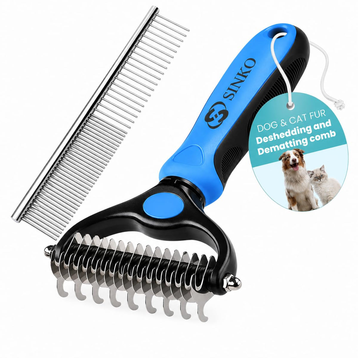 Sinko Shedding Brush For Dog and Cat, Undercoat Rake with Extra Wide Double-Sided Stainless Teeth for Detangling, Deshedding, Brushing & Removing Shed Fur, Knots, Mats, and Tangles in Pets (Blue)