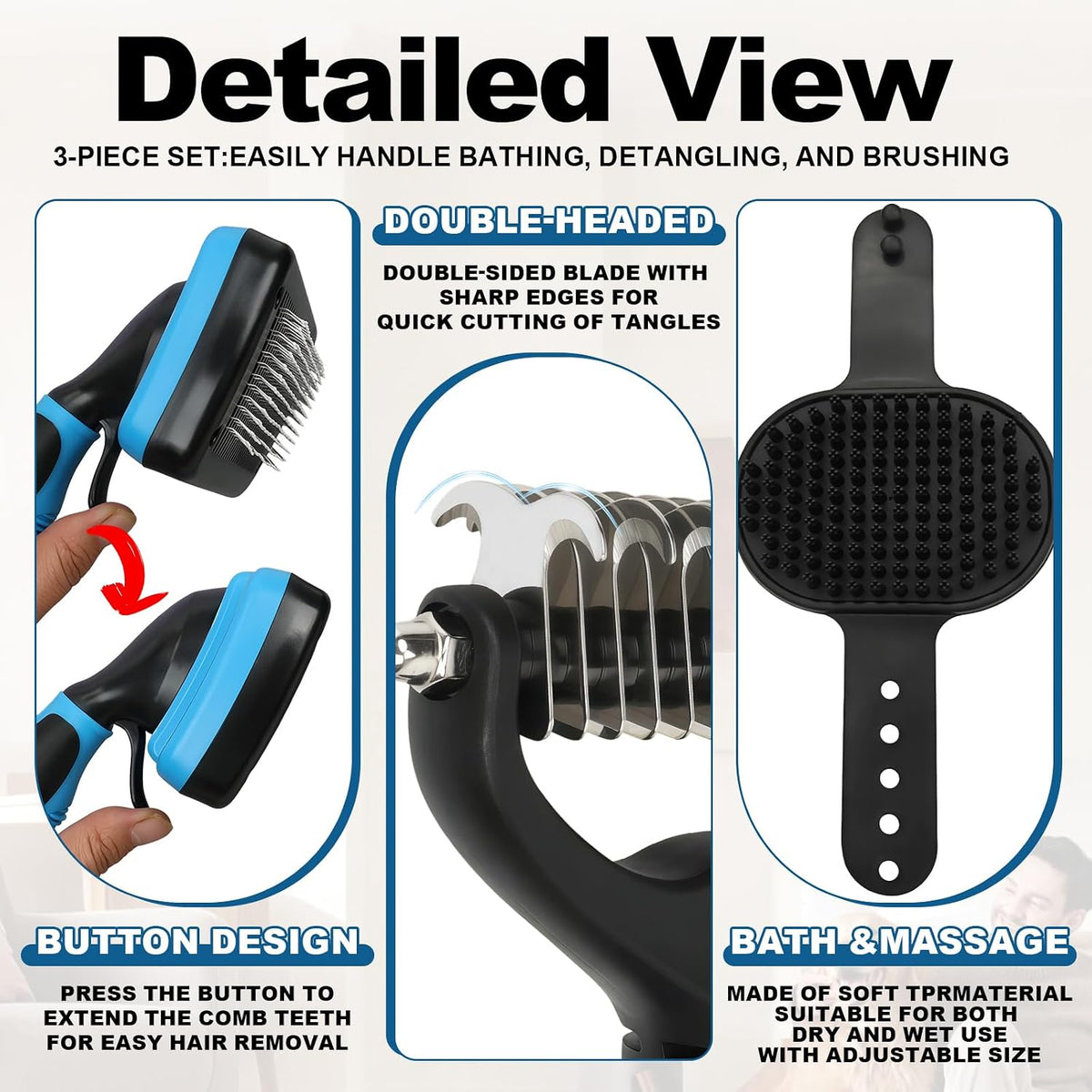 Blue Pet Grooming Kit 3Pcs Dematting Comb for Dogs&Cats Shedding