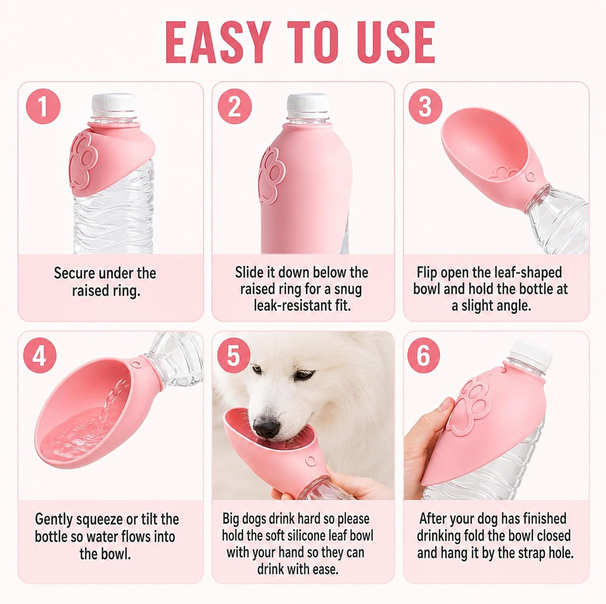 Portable Dog Water Bottle Attachment, Slip-On Pet Water Bowl,Dog Water Bottle for Standard Water Bottles Easy to Install,Leak Proof Outdoor,Pet Water Feeder Bowl