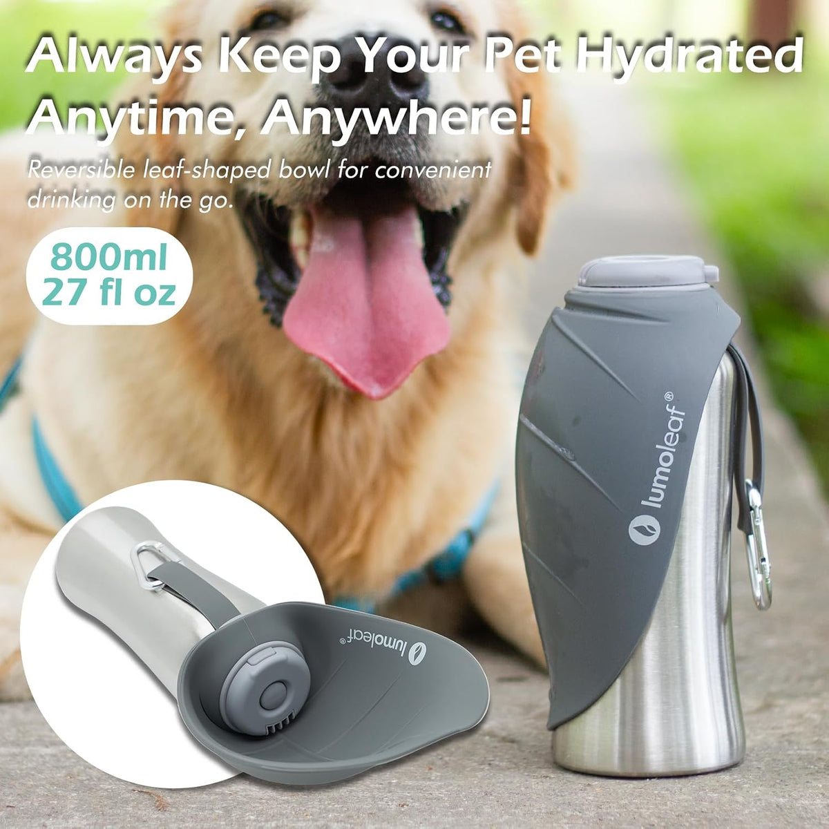 LumoLeaf Portable Dog Water Bottle 27 OZ, Stainless Steel Pet Travel Water Bottle Dispenser for Walking, Hiking and Outdoor, Portable Water Bowl for Large Dogs (Grey)