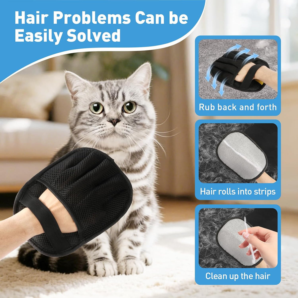 Pet Hair Removal Glove for Cats & Dogs, Five-Finger Electrostatic Pet Hair Remover Glove Reusable Brush Pet Hair Tool for Carpet, Seat, Couch and Laundry