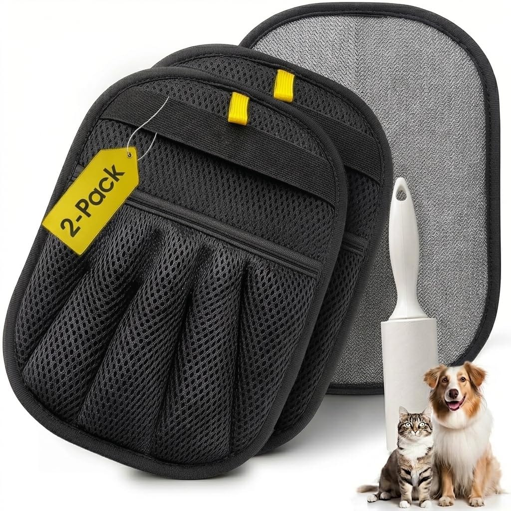 2 Pack Pet Hair Removal Glove with Pet Hair Roller 40 Sheets, Reusable Electrostatic Pet Hair Remover Glove for Dog and Cat, Hair Removal Gloves for Furniture, Sofa, Carpet & Car Seats, Pet Hair Mitt