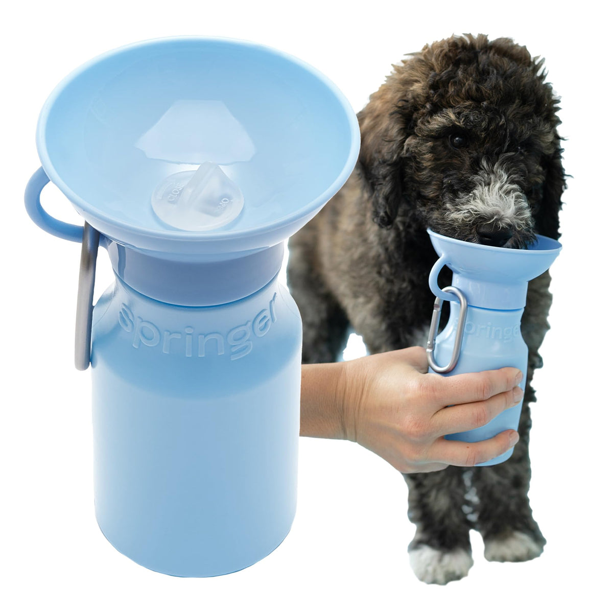 Springer Dog Water Bottle | Portable Travel Drinking Feeder Dispenser for Dogs & Puppies | As Seen on Shark Tank | Leak-Proof Bowl | BPA-Free | Outdoor Walking, Hiking & Travel | 22oz Blue
