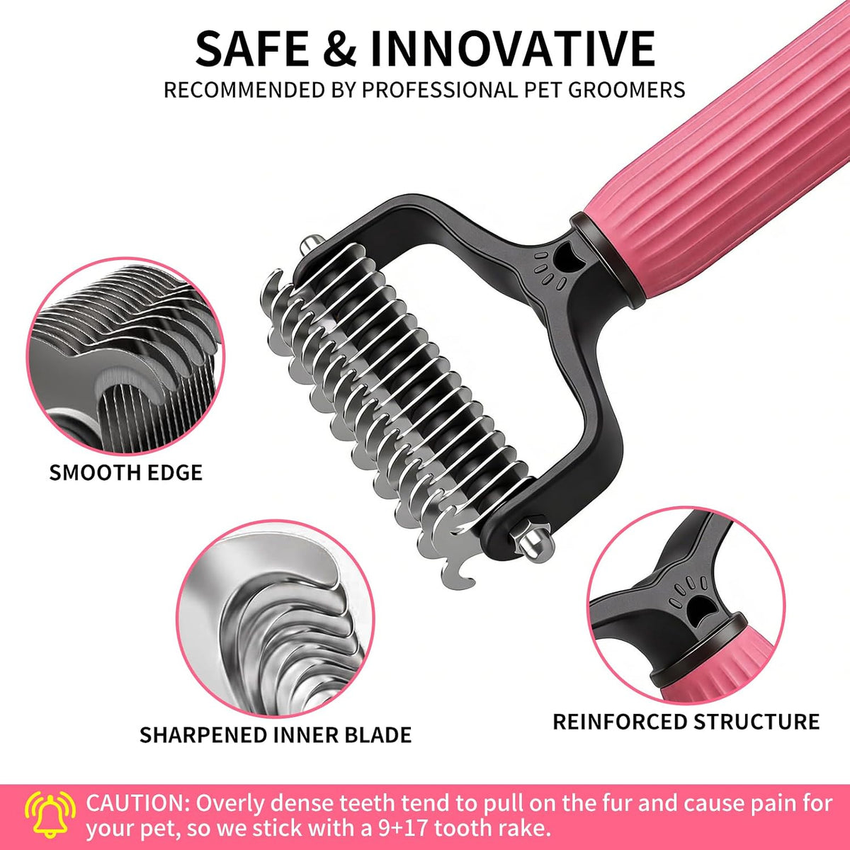 Pet Deshedding Brush & Dematting Comb Set with 2 Cleaning Toothbrushes (pink)