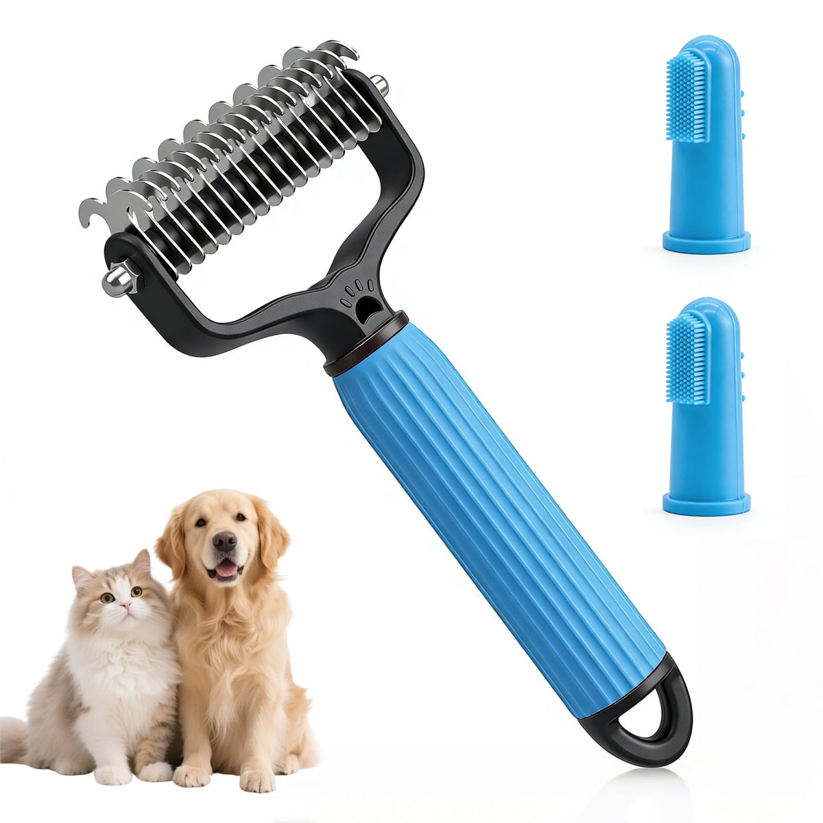 Pet Deshedding Brush & Dematting Comb Set with 2 Cleaning Toothbrushes (pink)