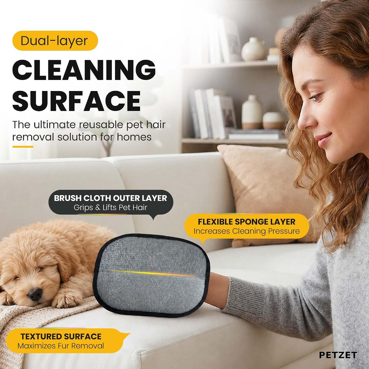 2 Pack Pet Hair Removal Glove with Pet Hair Roller 40 Sheets, Reusable Electrostatic Pet Hair Remover Glove for Dog and Cat, Hair Removal Gloves for Furniture, Sofa, Carpet & Car Seats, Pet Hair Mitt