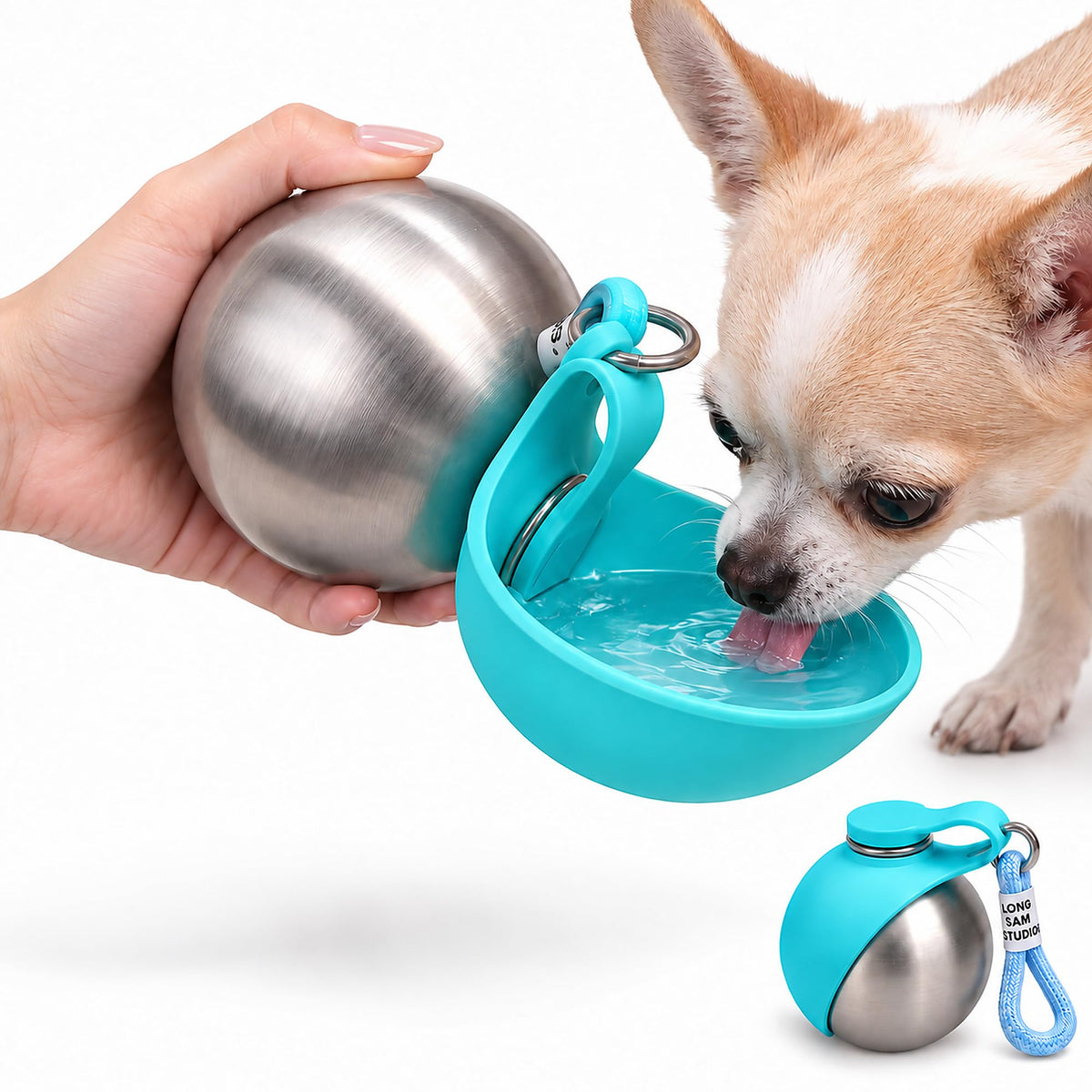 2-in-1 Portable Dog Water Bottle with Foldable Bowl, 10 oz, Plastic-Blue