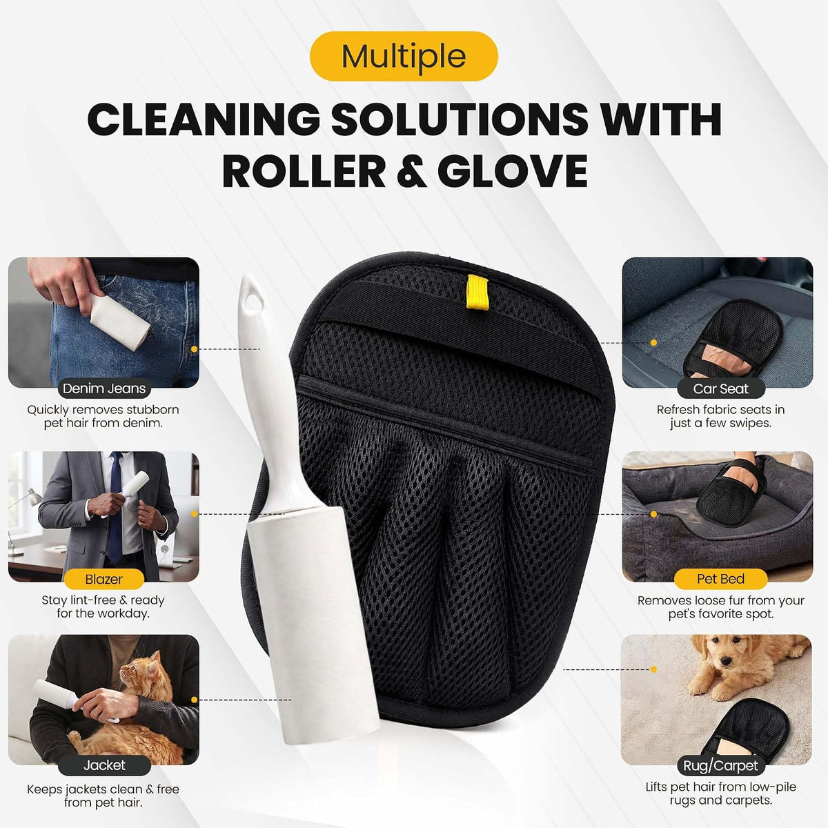 2 Pack Pet Hair Removal Glove with Pet Hair Roller 40 Sheets, Reusable Electrostatic Pet Hair Remover Glove for Dog and Cat, Hair Removal Gloves for Furniture, Sofa, Carpet & Car Seats, Pet Hair Mitt