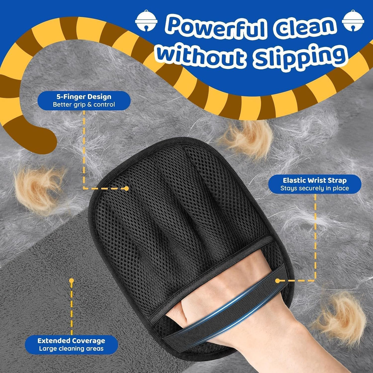Pet Hair Removal Glove for Dogs & Cats, 2 Packs Five-Finger Grip, Black