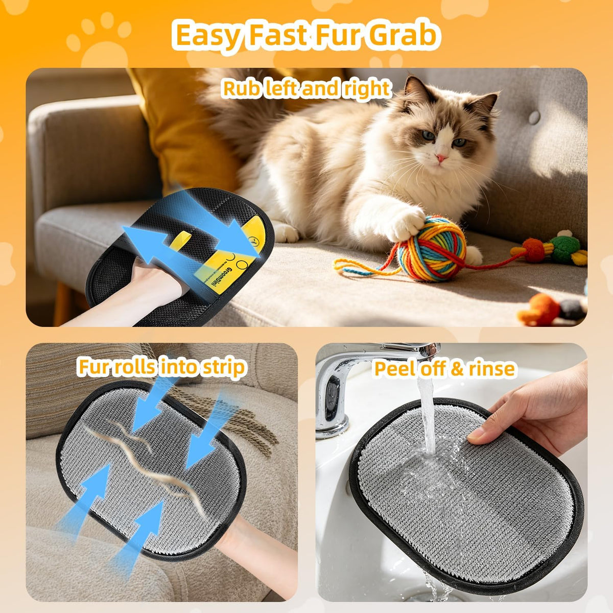 Large Pet Hair Removal Glove 2 Pack – Electrostatic Reusable Pet Hair Remover Glove for Dogs & Cats, Pet Hair Remover Tool Soft for Bed, Sofa, Carpet, Car Seat