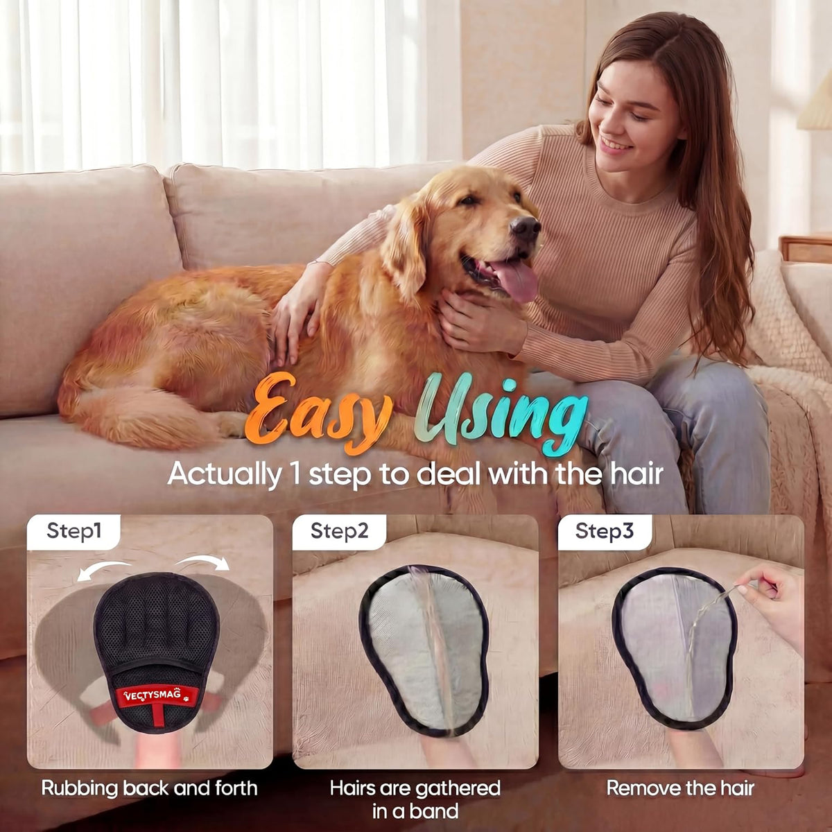 Pet Hair Removal Glove for Cats & Dogs,Upgraded Five-Finger Electrostatic Pet Hair Remover Glove,Reusable Magic Brush Pet Hair Remover Tool for Couch,Furniture,Car Seat,Carpet,Laundry(1pcs Black)