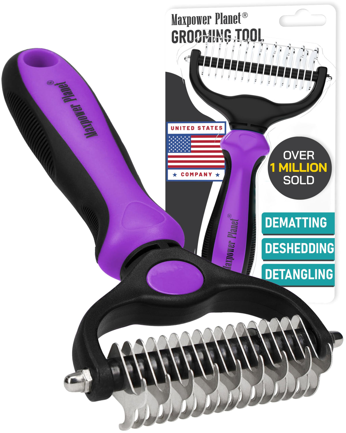 Maxpower Planet Pet Grooming Brush - Double-Sided Undercoat Rake for Dogs and Cats, Extra Wide, Reduces Shedding by 95%, White